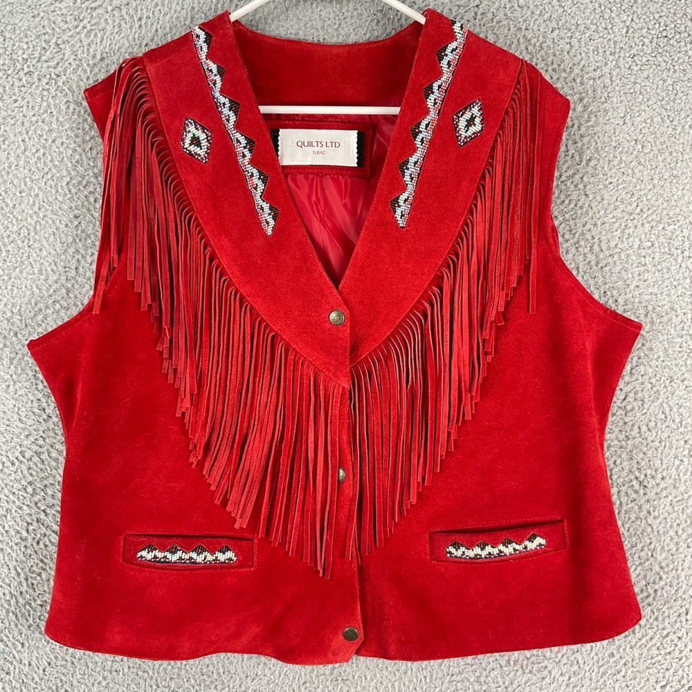 Quilts Ltd Tubac Red Suede Fringe Beaded Western Vest Women XL Red Boho Rodeo